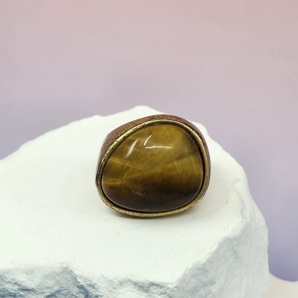 Tiger's Eye Cabochon Gold Tone Chunky Cocktail Ring Vintage Boho Bold Statement